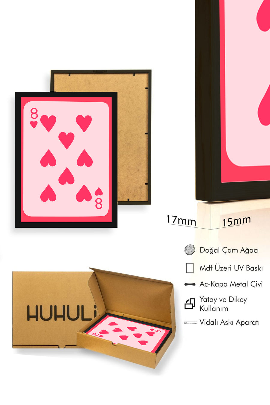 Doğal Ahşap Çerçeveli Retro Kalp Tablo - Oyun Kartı Desenli | huhu2693