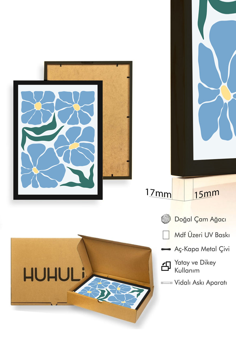 Doğal Ahşap Çerçeveli Retro Floral Tablo - Pastel Çiçek Desenli | huhu2694