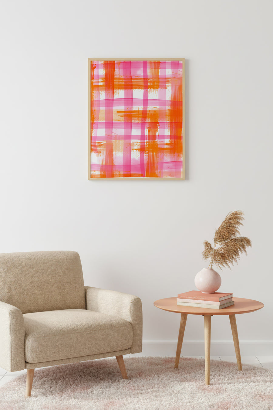 Doğal Ahşap Çerçeveli Retro Soyut Tablo - Turuncu Pembe Çizgi Desenli | huhu2695