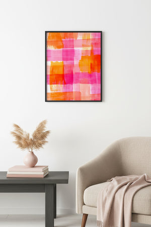 Doğal Ahşap Çerçeveli Retro Tablo - Turuncu Pembe Soyut Plaid Desen | huhu2699