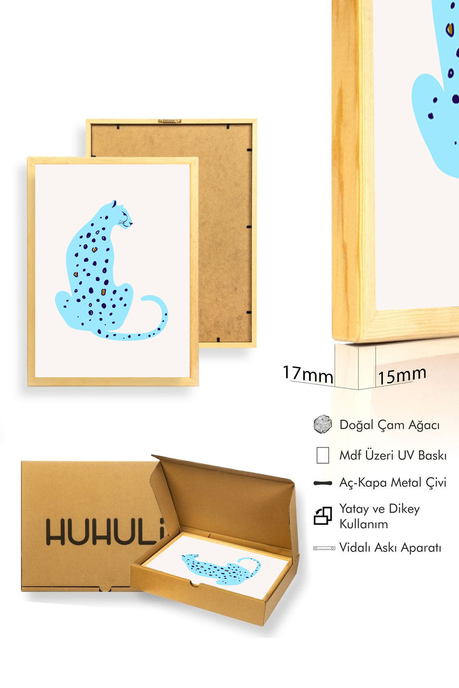 Doğal Ahşap Çerçeveli Retro Kedi Tablo - Soyut Desenli Canlı Hayvan | huhu2700