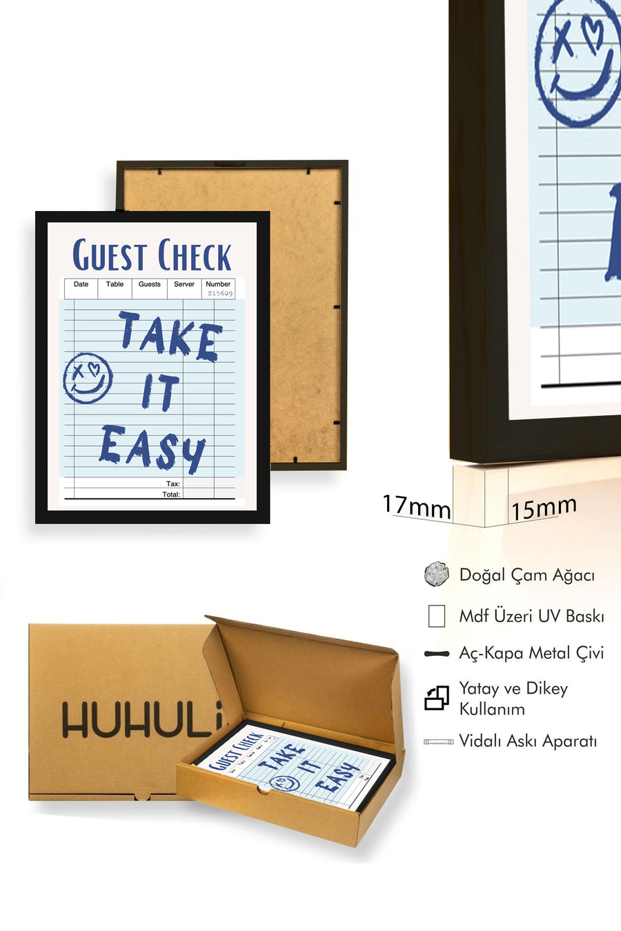 Doğal Ahşap Çerçeveli Retro Tablo - Take It Easy Doodle Smiley | huhu2703