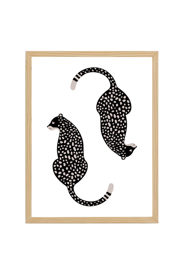 Doğal Ahşap Çerçeveli Retro Leopar Desenli Hayvan Tablo - Nokta Desenli | huhu2706