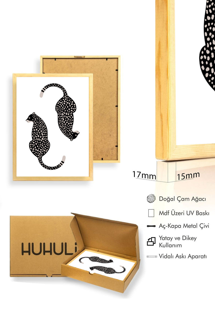 Doğal Ahşap Çerçeveli Retro Leopar Desenli Hayvan Tablo - Nokta Desenli | huhu2706