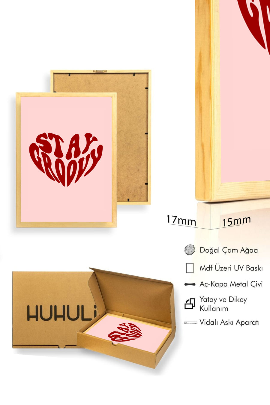 Doğal Ahşap Çerçeveli Retro Kalp Tablo - Stay Groovy Yazılı Baskı | huhu2707