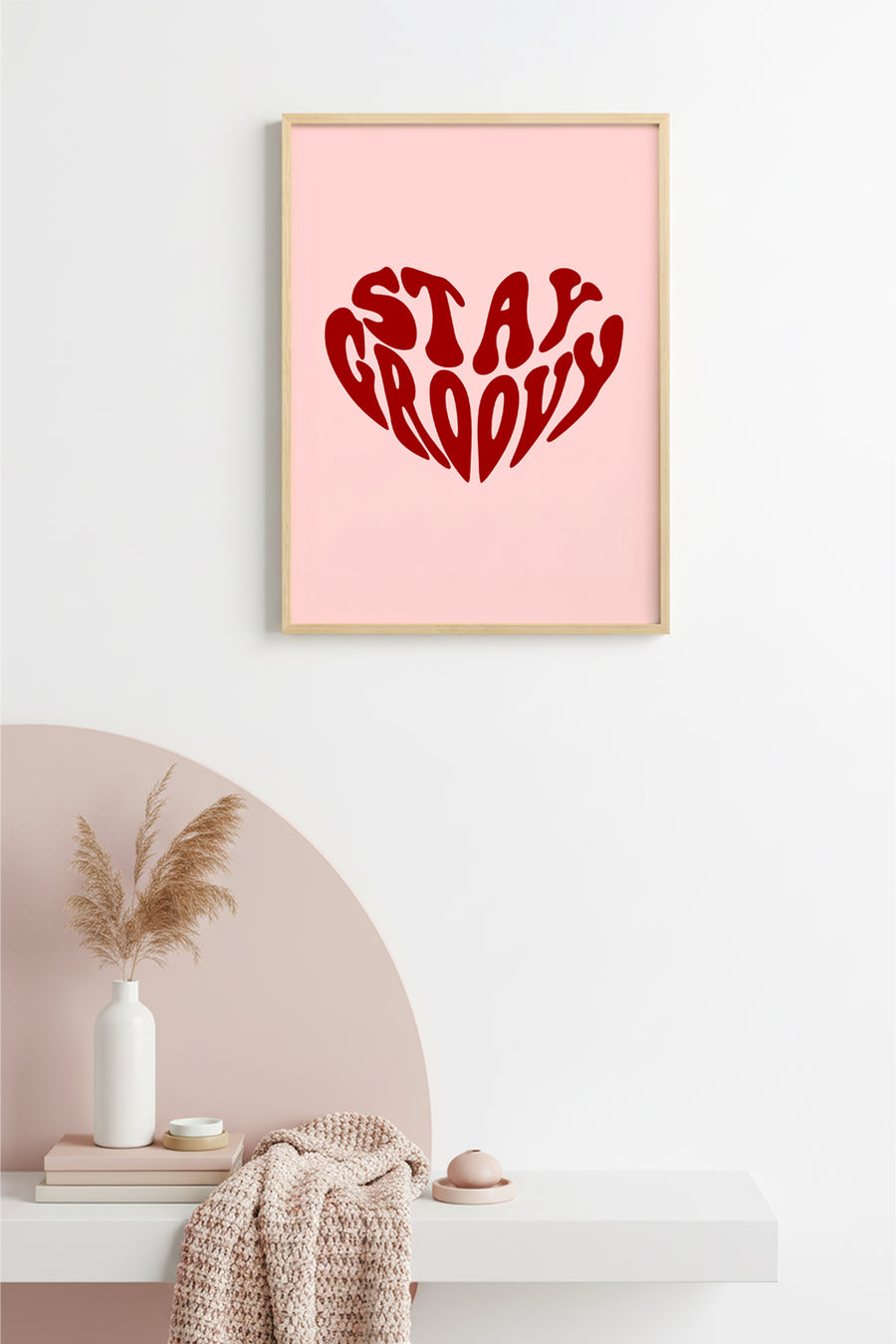 Doğal Ahşap Çerçeveli Retro Kalp Tablo - Stay Groovy Yazılı Baskı | huhu2707