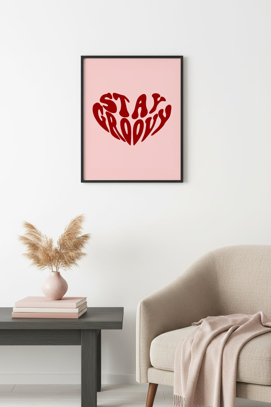 Doğal Ahşap Çerçeveli Retro Kalp Tablo - Stay Groovy Yazılı Baskı | huhu2707