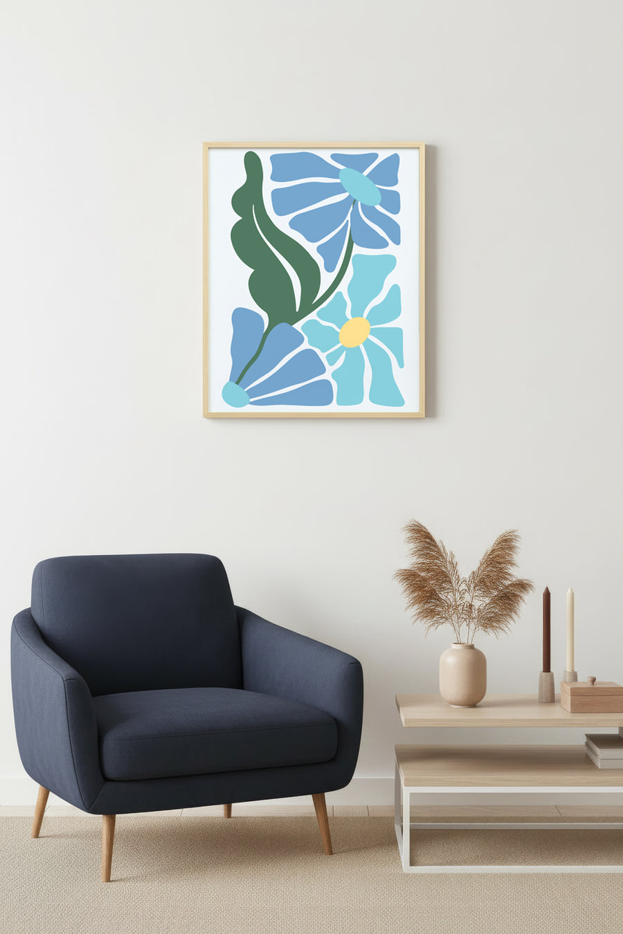 Doğal Ahşap Çerçeveli Retro Floral Tablo - Soyut Çiçek Desenli | huhu2708