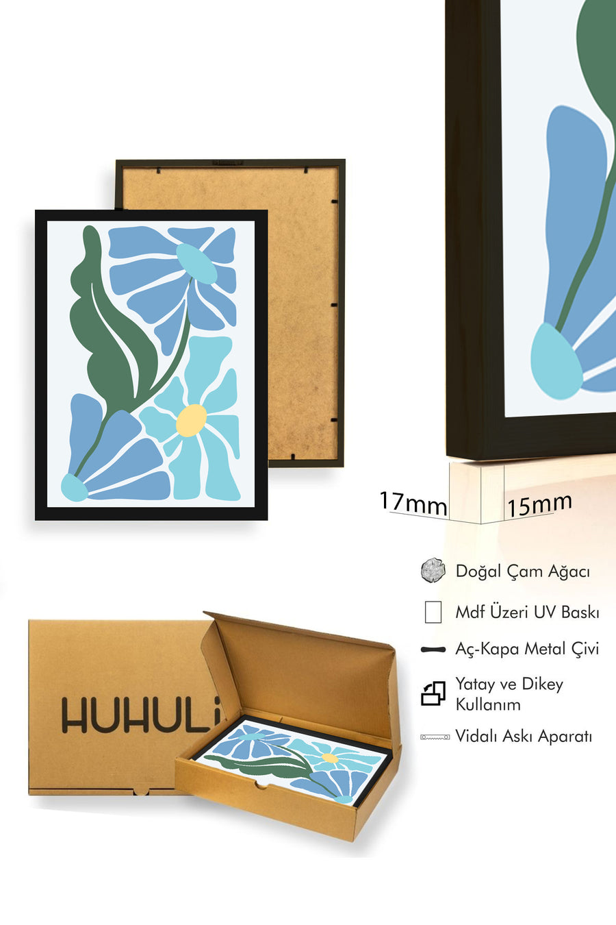 Doğal Ahşap Çerçeveli Retro Floral Tablo - Soyut Çiçek Desenli | huhu2708