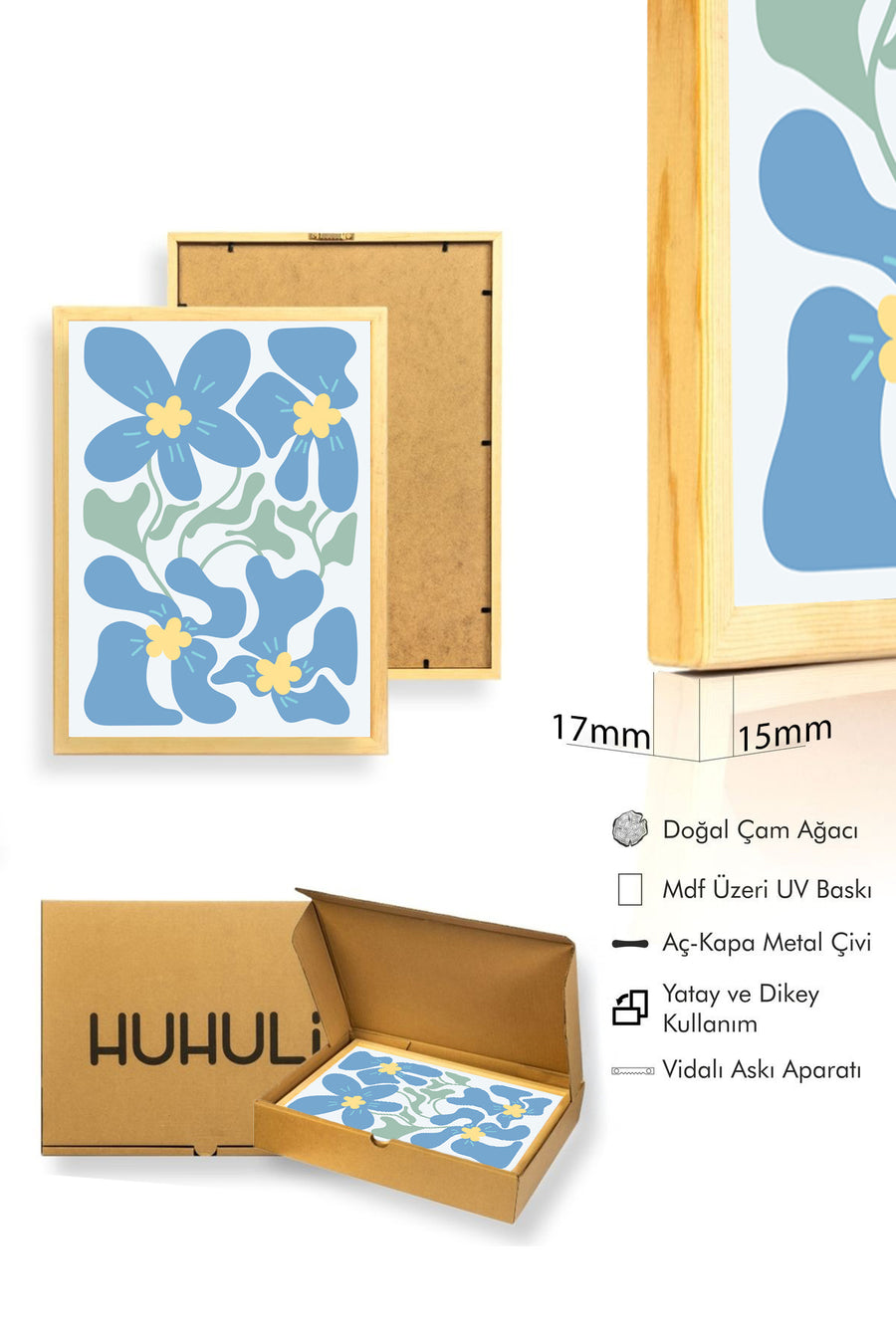 Doğal Ahşap Çerçeveli Botanik Çiçek Tablo - Retro Pastel Desen | huhu2711