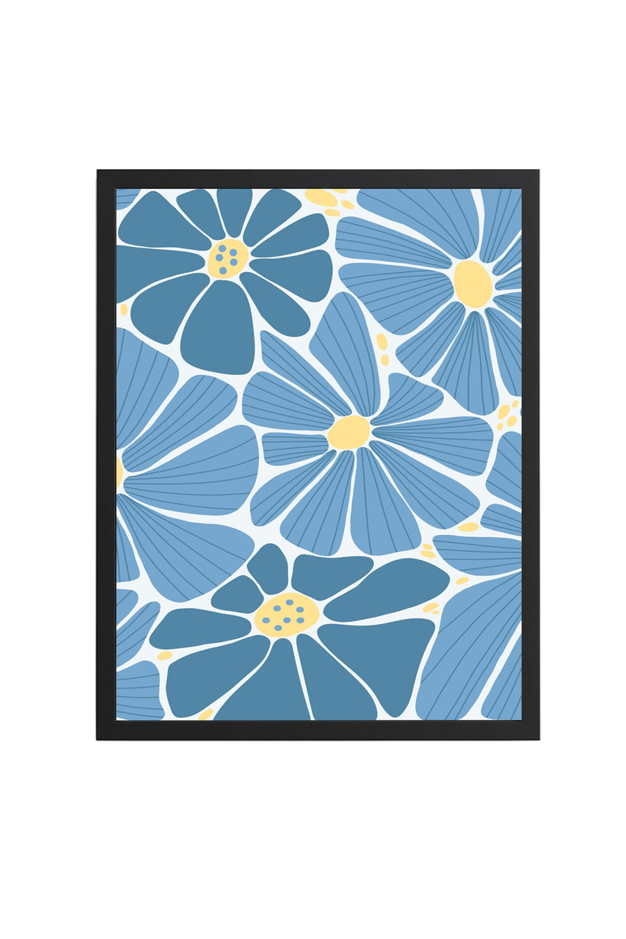 Doğal Ahşap Çerçeveli Mavi Çiçek Desenli Retro Tablo - Floral | huhu2714