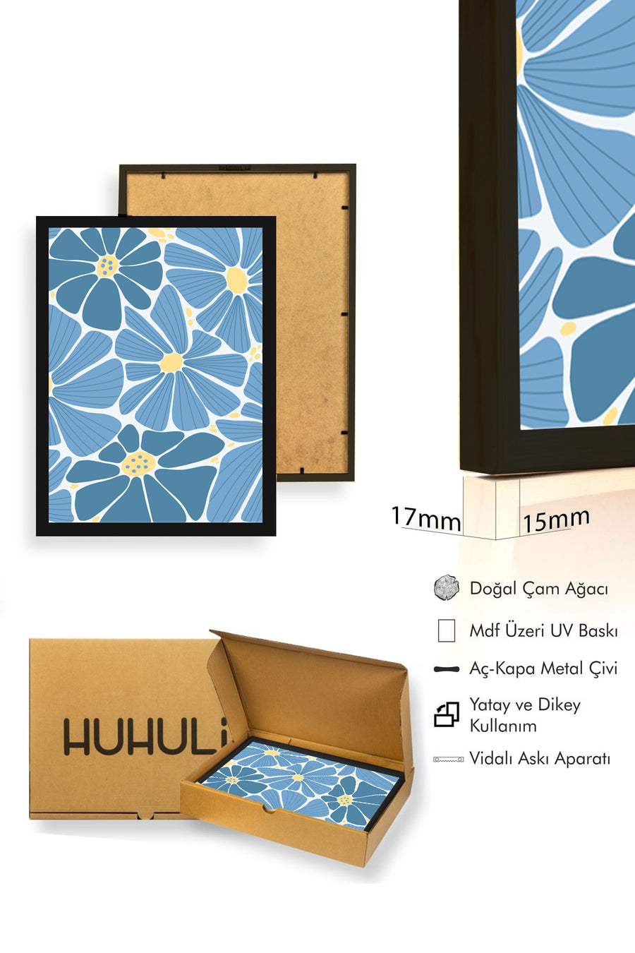 Doğal Ahşap Çerçeveli Mavi Çiçek Desenli Retro Tablo - Floral | huhu2714