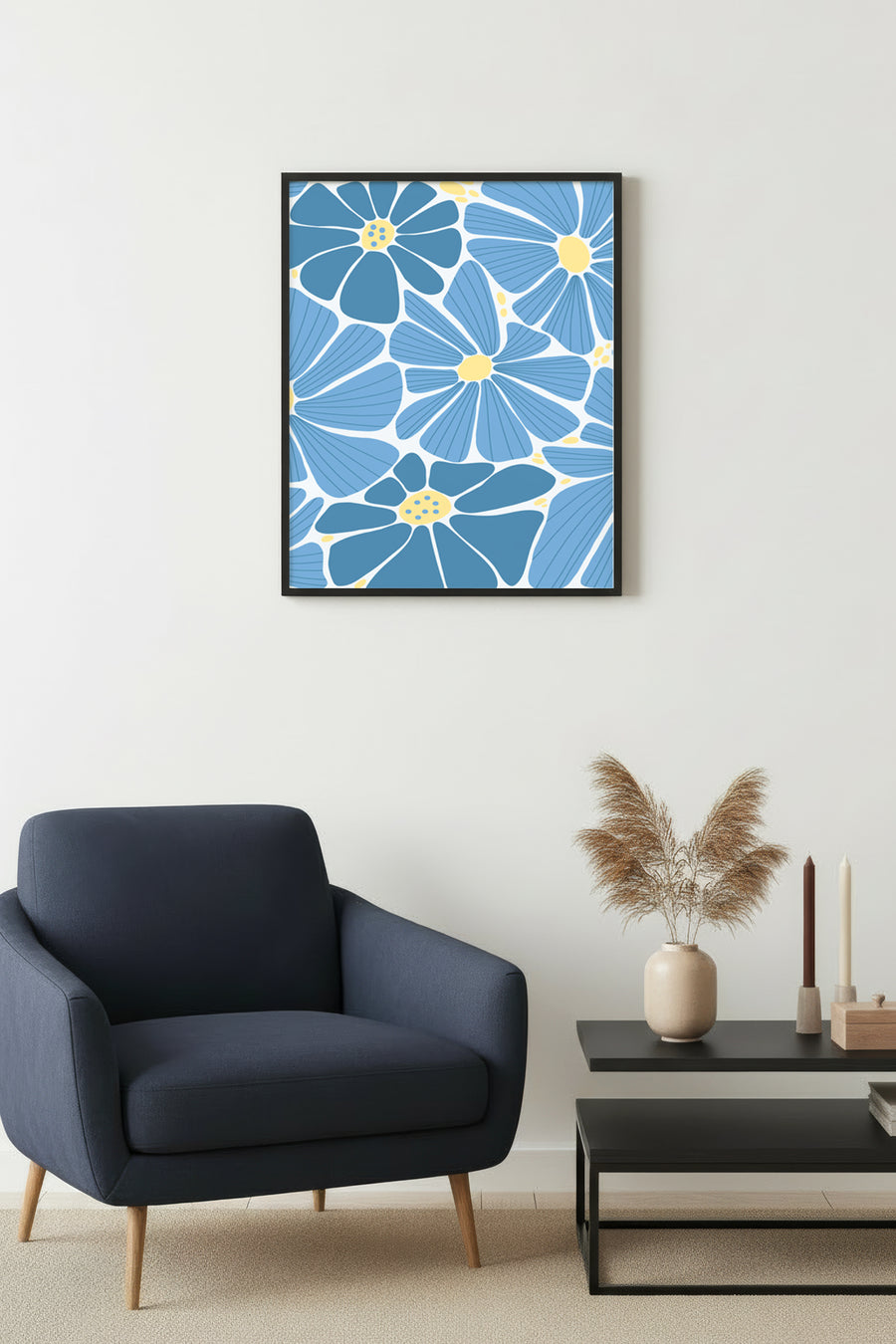 Doğal Ahşap Çerçeveli Mavi Çiçek Desenli Retro Tablo - Floral | huhu2714