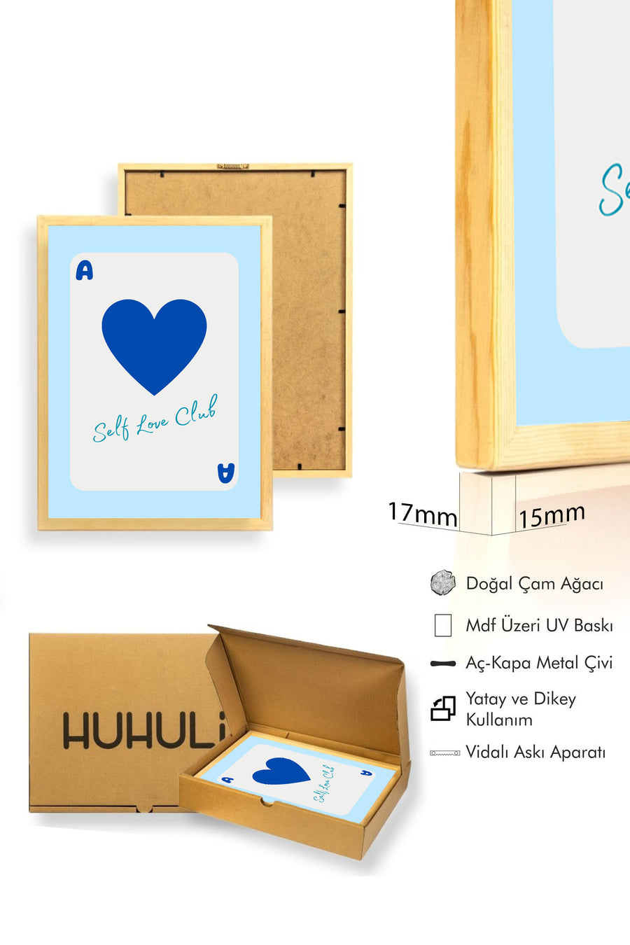 Doğal Ahşap Çerçeveli Retro Kalp Tablo - Self Love Club Mavi Baskılı | huhu2718