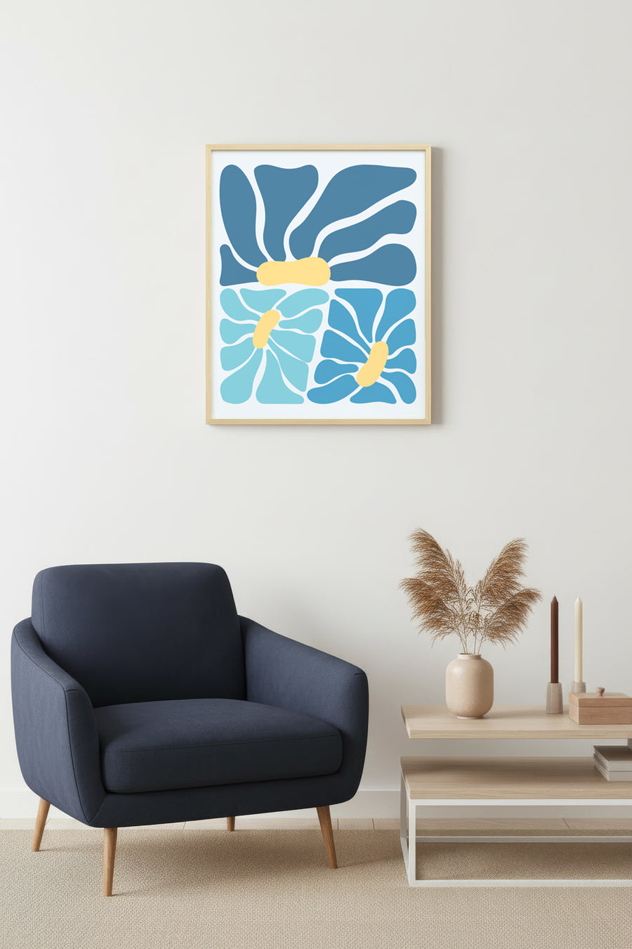 Doğal Ahşap Çerçeveli Abstract Mavi Tablo - Organik Retro Desenler | huhu2721