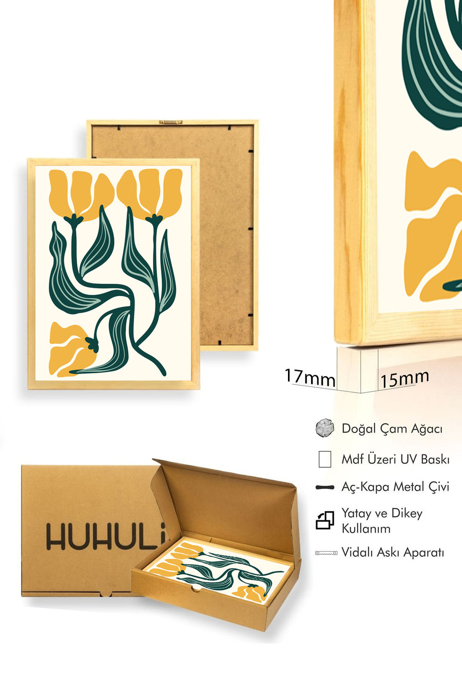 Doğal Ahşap Çerçeveli Retro Çiçek Tablo - Canlı Yeşil ve Sarı Desenli | huhu2727
