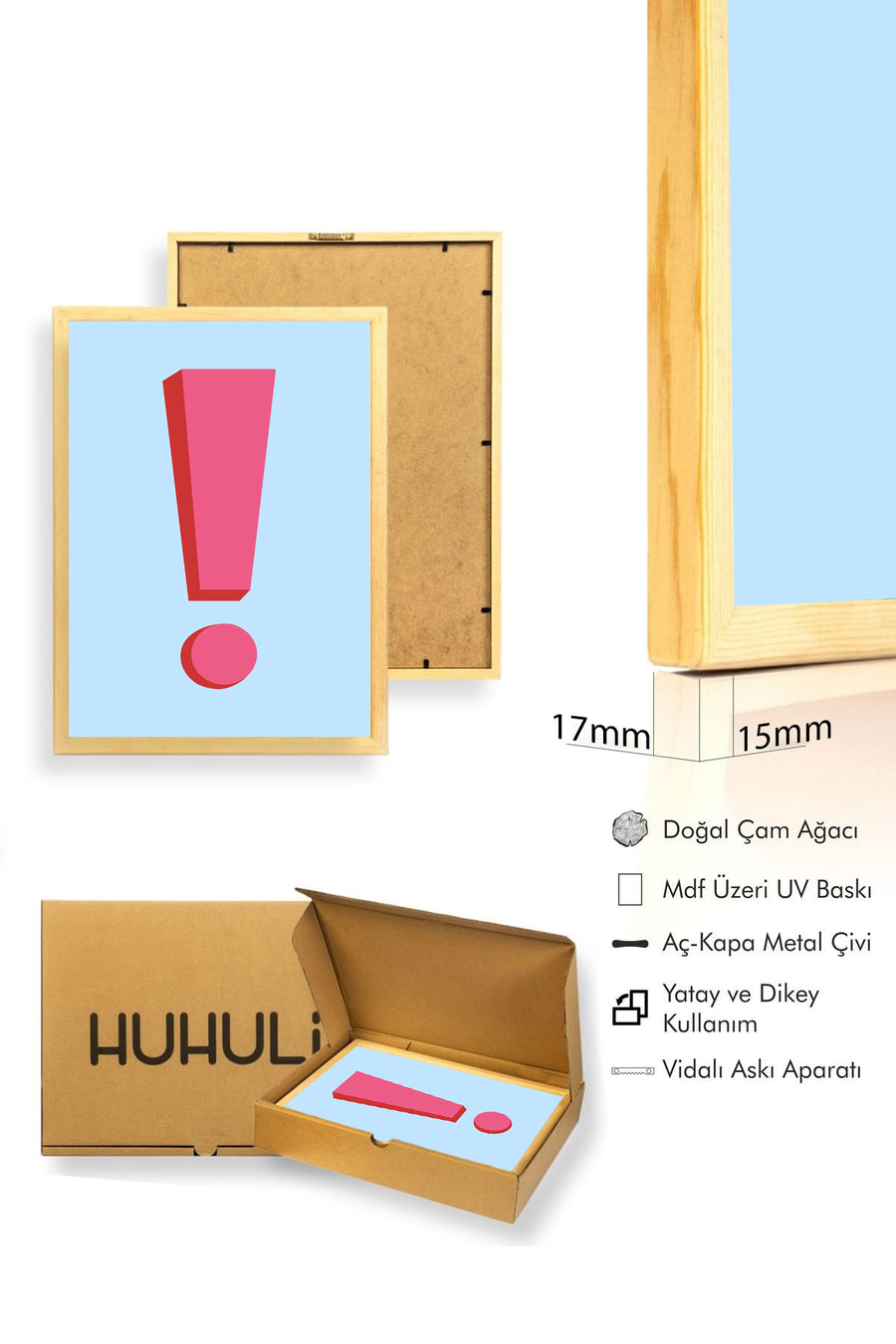 Doğal Ahşap Çerçeveli Retro Ünlem İşareti Tablo - Minimalist Kırmızı | huhu2730
