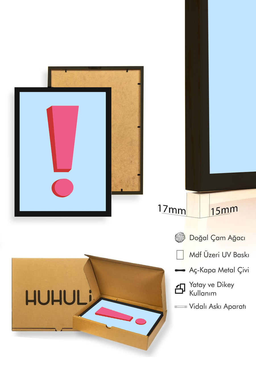 Doğal Ahşap Çerçeveli Retro Ünlem İşareti Tablo - Minimalist Kırmızı | huhu2730