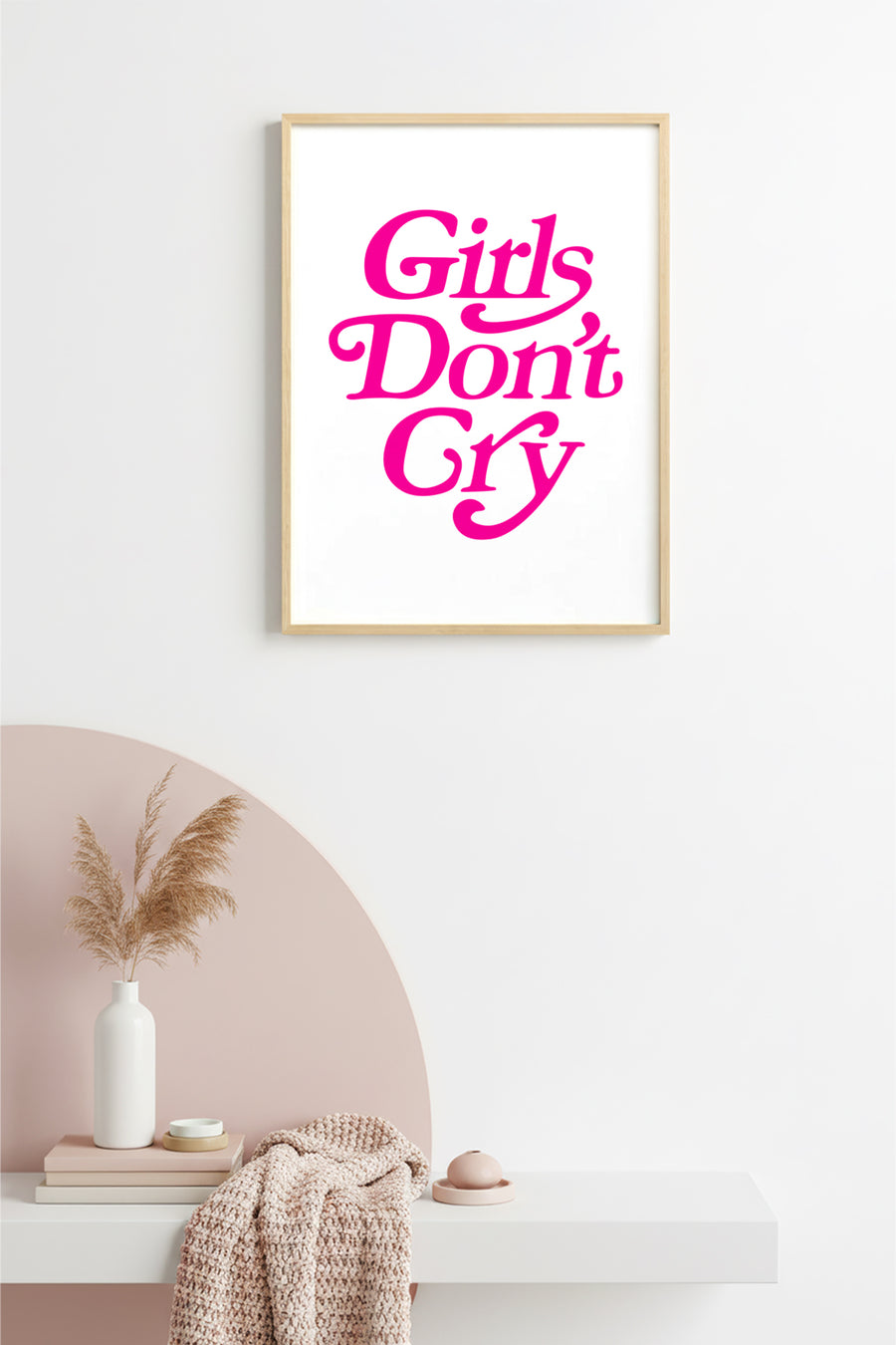 Doğal Ahşap Çerçeveli Retro Tablo - Girls Don't Cry Yazılı Pembe Tipografi | huhu2732