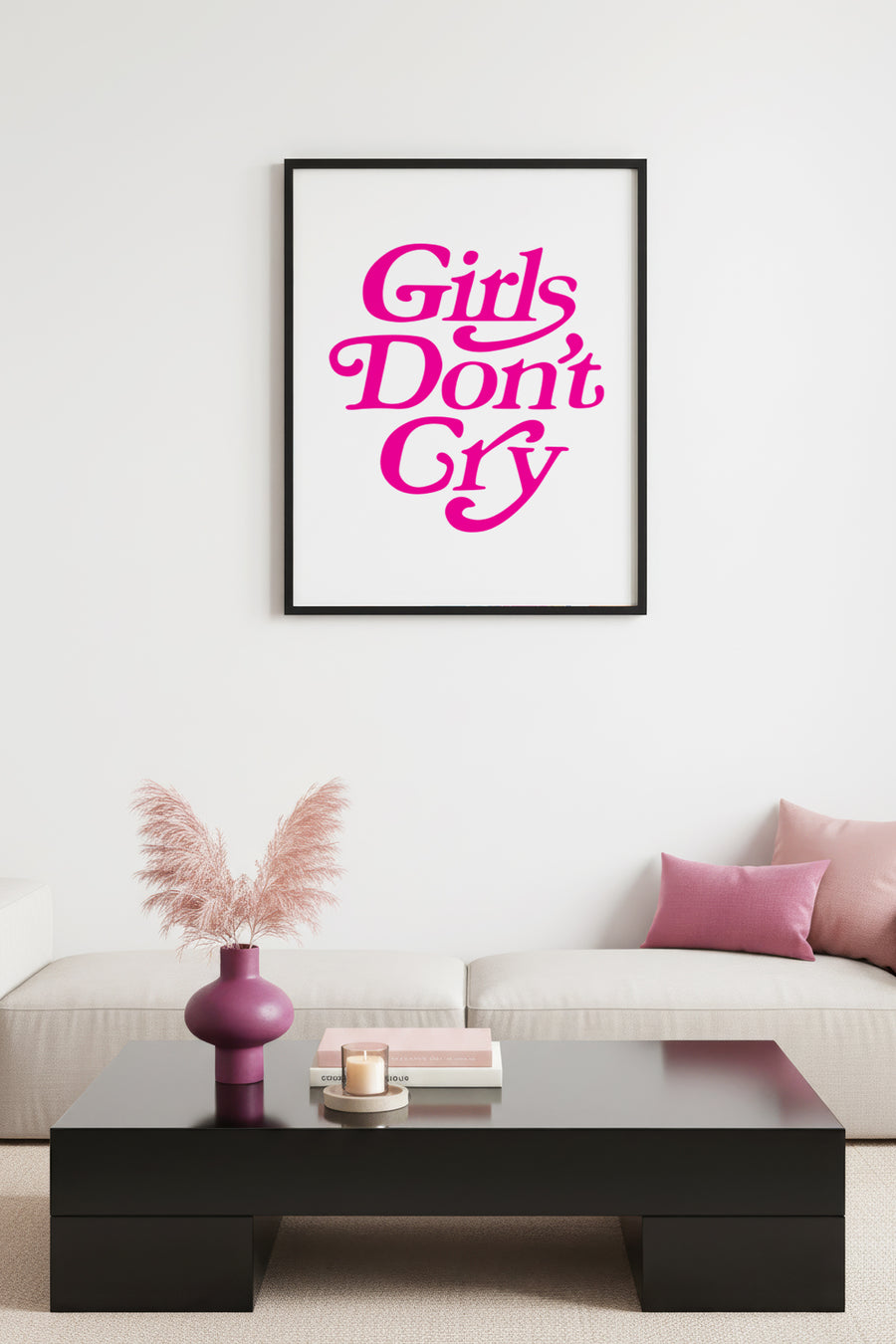 Doğal Ahşap Çerçeveli Retro Tablo - Girls Don't Cry Yazılı Pembe Tipografi | huhu2732