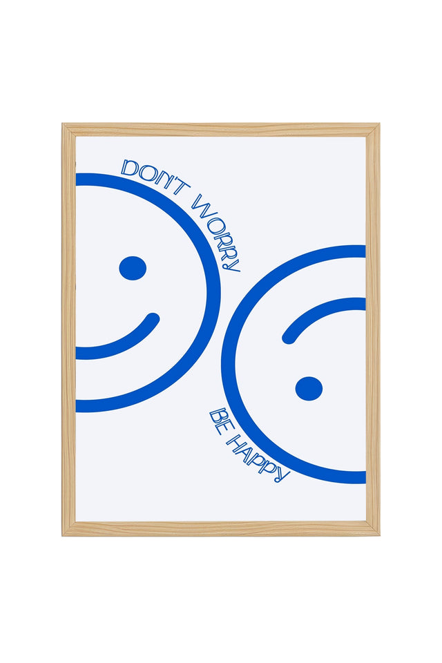Doğal Ahşap Çerçeveli Retro Tablo - Mavi Soyut Smiley Desen | huhu2735