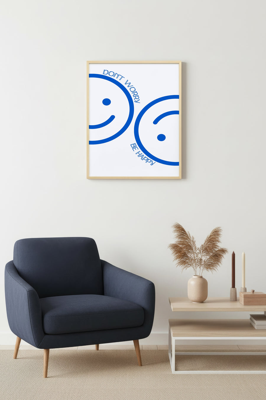 Doğal Ahşap Çerçeveli Retro Tablo - Mavi Soyut Smiley Desen | huhu2735
