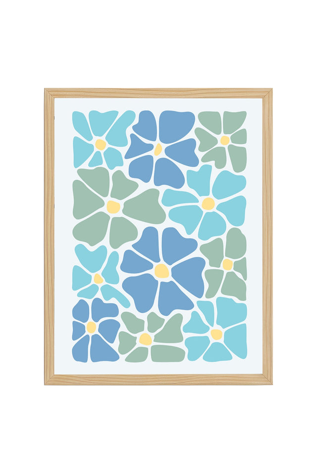 Doğal Ahşap Çerçeveli Retro Floral Desenli Tablo - Mavi Yeşil Tonlar | huhu2738