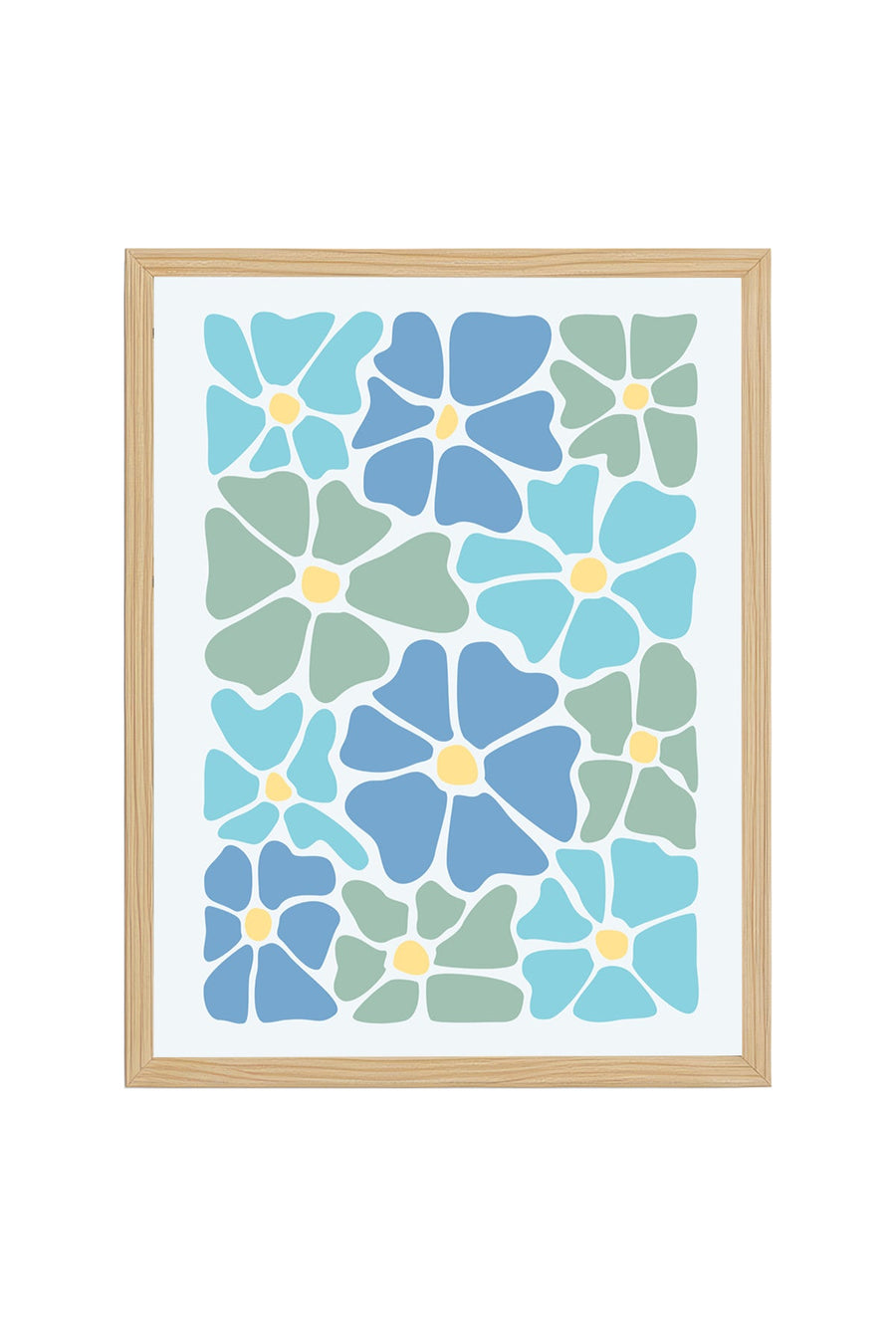 Doğal Ahşap Çerçeveli Retro Floral Desenli Tablo - Mavi Yeşil Tonlar | huhu2738