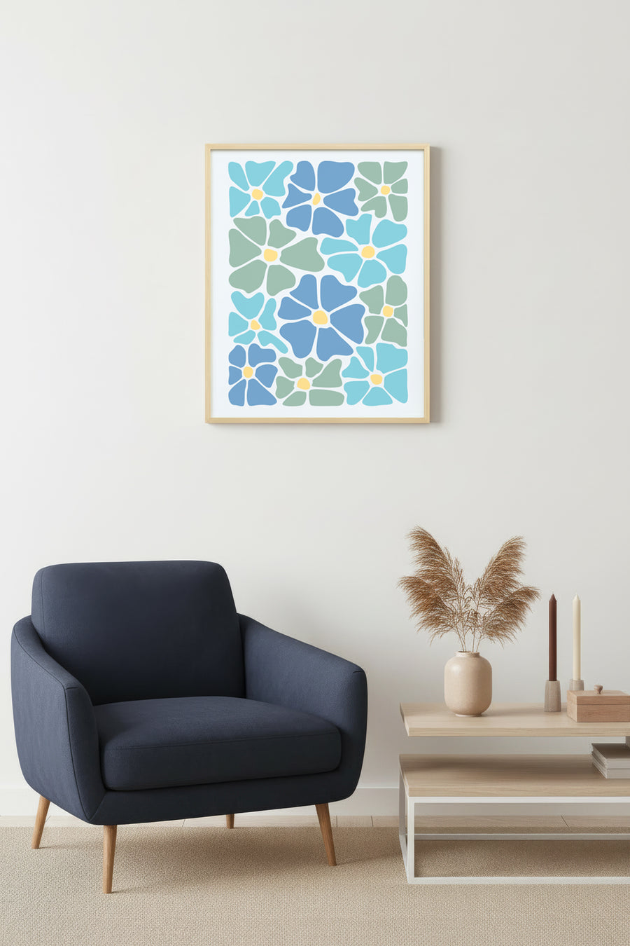Doğal Ahşap Çerçeveli Retro Floral Desenli Tablo - Mavi Yeşil Tonlar | huhu2738
