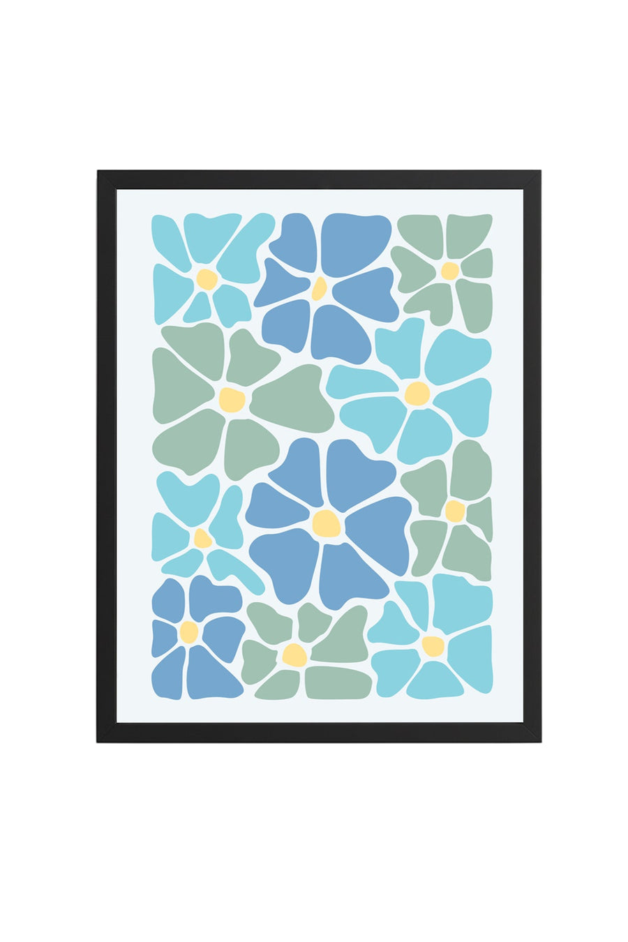Doğal Ahşap Çerçeveli Retro Floral Desenli Tablo - Mavi Yeşil Tonlar | huhu2738
