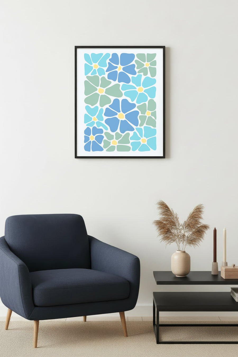 Doğal Ahşap Çerçeveli Retro Floral Desenli Tablo - Mavi Yeşil Tonlar | huhu2738