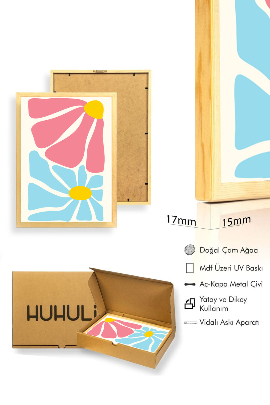 Doğal Ahşap Çerçeveli Retro Pop Art Çiçek Tablo - Pembe Mavi Floral | huhu2740