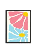 Doğal Ahşap Çerçeveli Retro Pop Art Çiçek Tablo - Pembe Mavi Floral | huhu2740