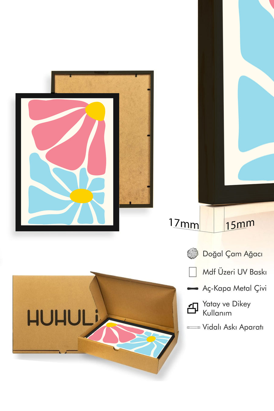 Doğal Ahşap Çerçeveli Retro Pop Art Çiçek Tablo - Pembe Mavi Floral | huhu2740