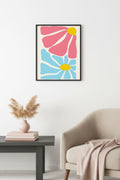 Doğal Ahşap Çerçeveli Retro Pop Art Çiçek Tablo - Pembe Mavi Floral | huhu2740
