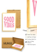Doğal Ahşap Çerçeveli Retro Tablo - Good Vibes Yazılı Pembe | huhu2741