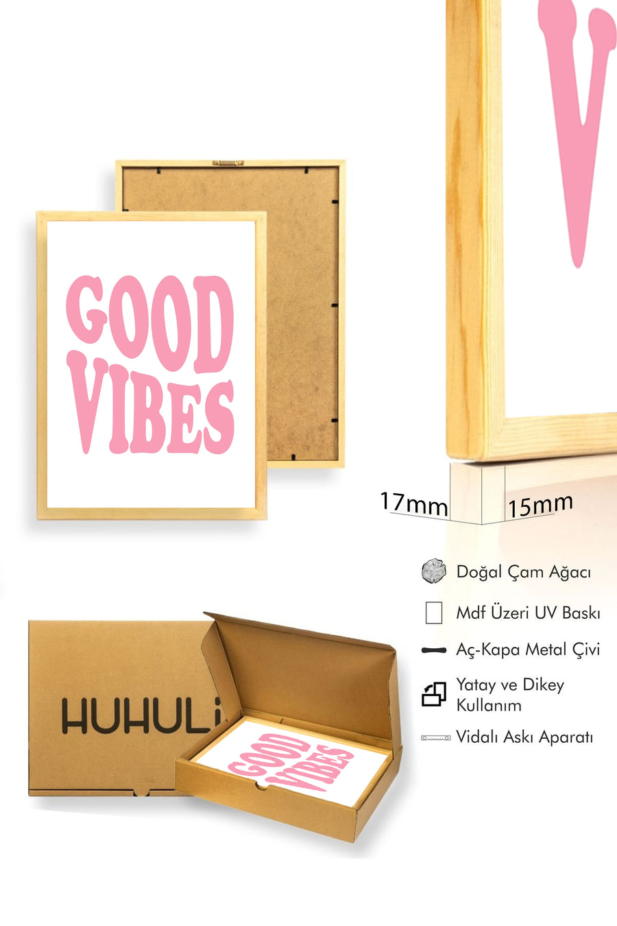 Doğal Ahşap Çerçeveli Retro Tablo - Good Vibes Yazılı Pembe | huhu2741