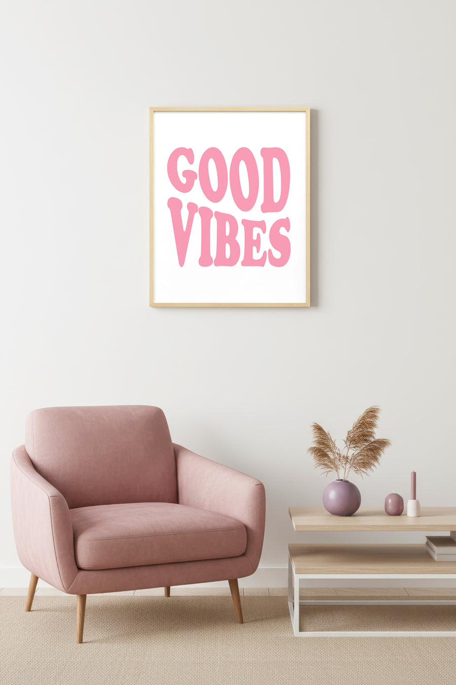 Doğal Ahşap Çerçeveli Retro Tablo - Good Vibes Yazılı Pembe | huhu2741
