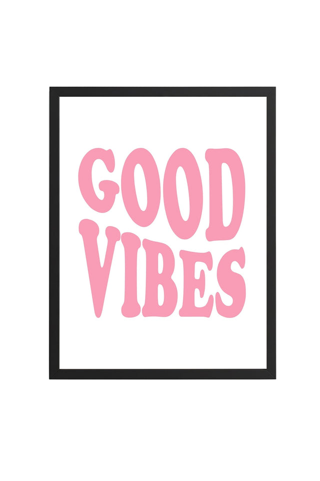 Doğal Ahşap Çerçeveli Retro Tablo - Good Vibes Yazılı Pembe | huhu2741
