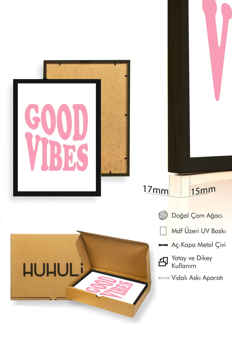 Doğal Ahşap Çerçeveli Retro Tablo - Good Vibes Yazılı Pembe | huhu2741