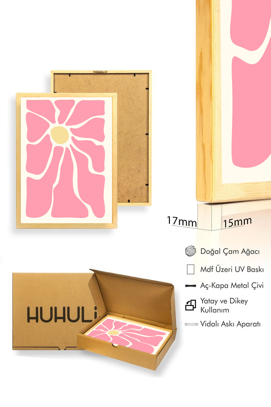 Doğal Ahşap Çerçeveli Retro Çiçek Tablo - Pembe Tonlar | huhu2744