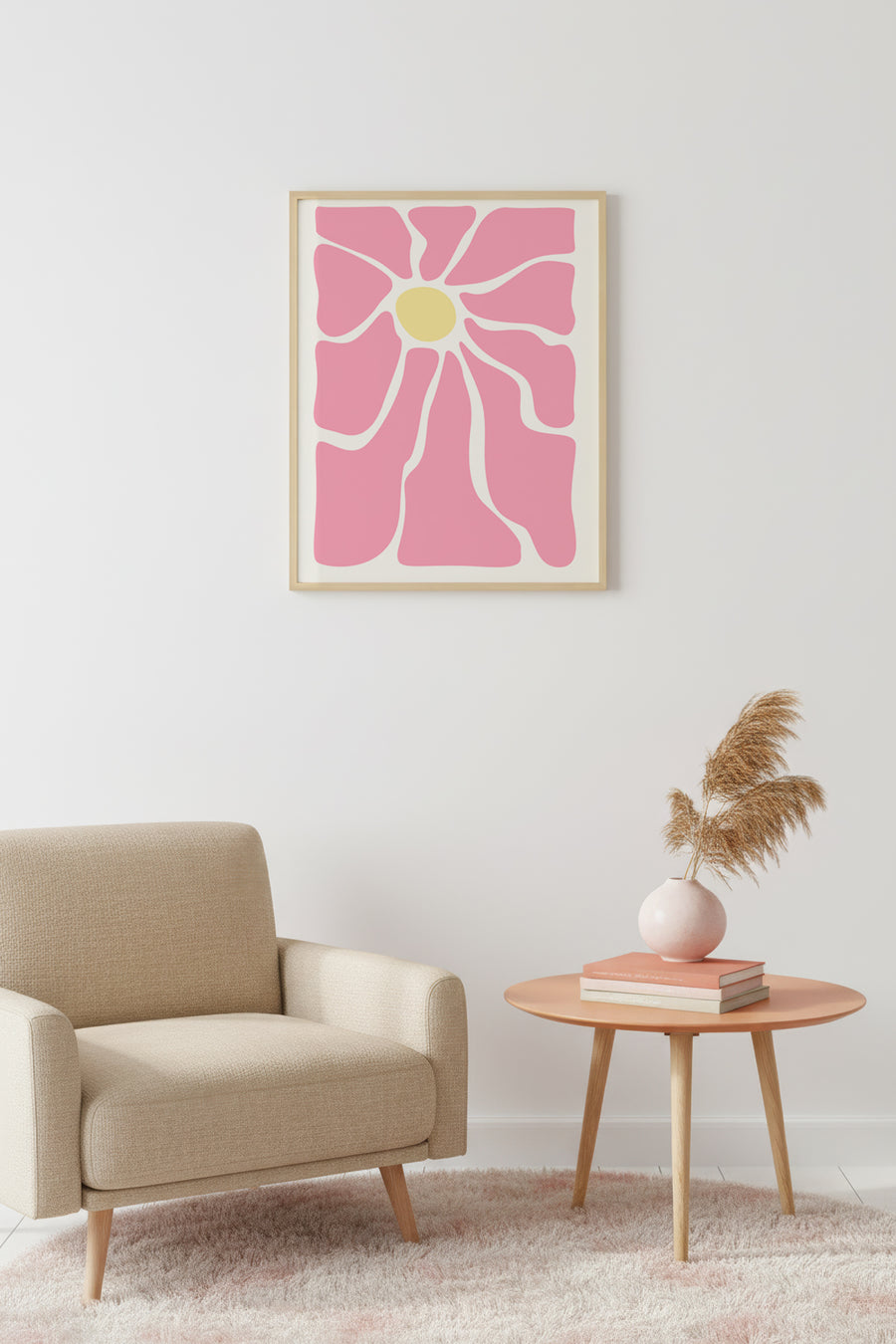 Doğal Ahşap Çerçeveli Retro Çiçek Tablo - Pembe Tonlar | huhu2744