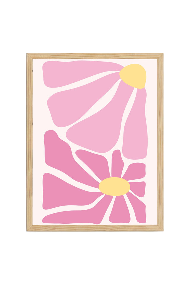 Doğal Ahşap Çerçeveli Retro Çiçekli Tablo - Pastel Pembe Çiçek Desenli | huhu2745