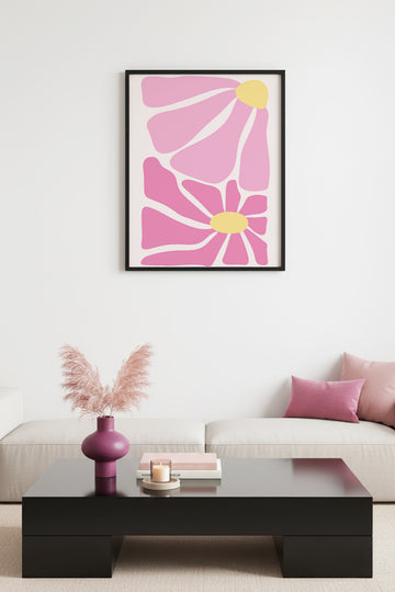 Doğal Ahşap Çerçeveli Retro Çiçekli Tablo - Pastel Pembe Çiçek Desenli | huhu2745