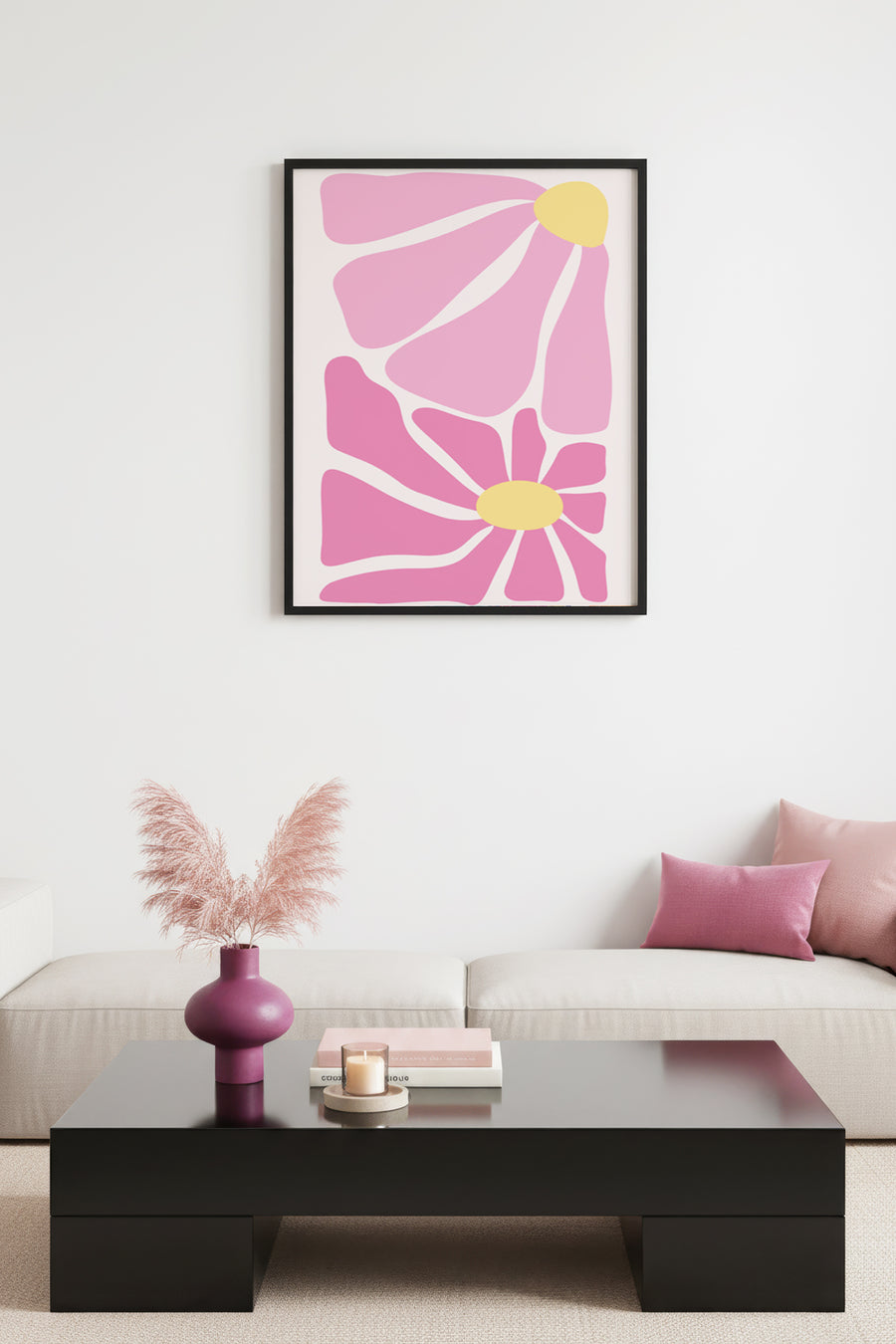Doğal Ahşap Çerçeveli Retro Çiçekli Tablo - Pastel Pembe Çiçek Desenli | huhu2745