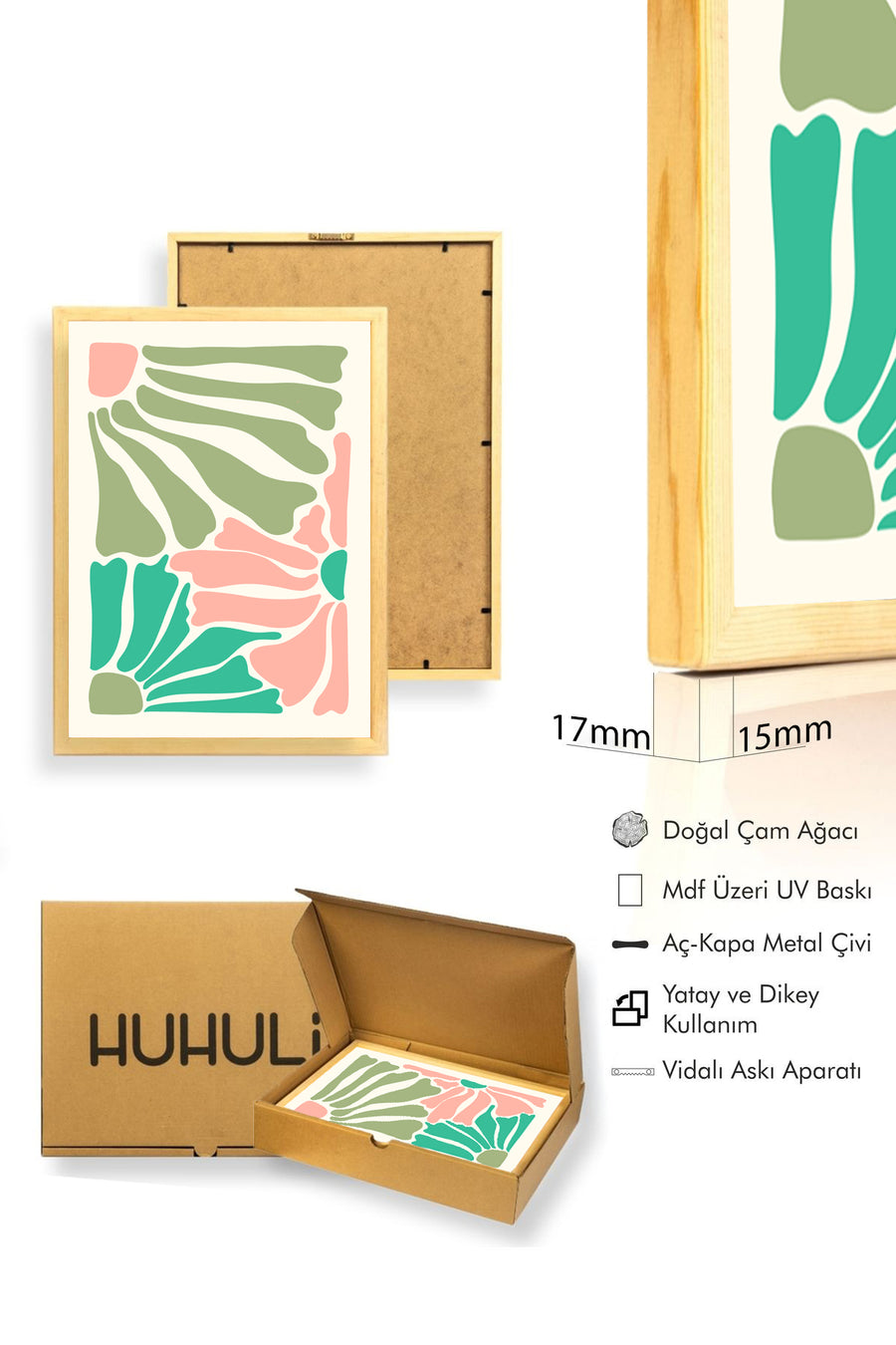Doğal Ahşap Çerçeveli Retro Soyut Tablo - Pastel Tonlarda Geometrik Desen | huhu2747