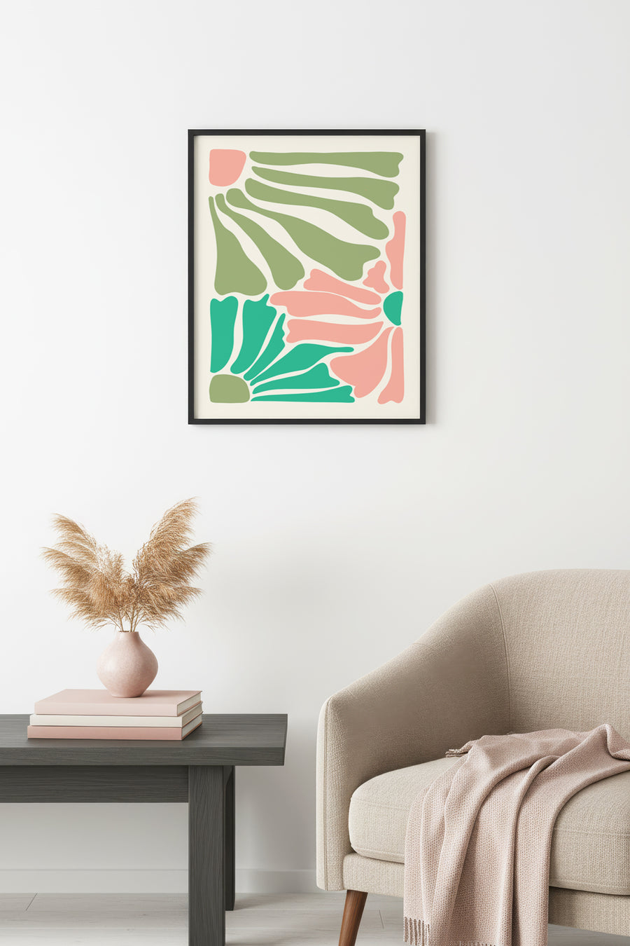 Doğal Ahşap Çerçeveli Retro Soyut Tablo - Pastel Tonlarda Geometrik Desen | huhu2747