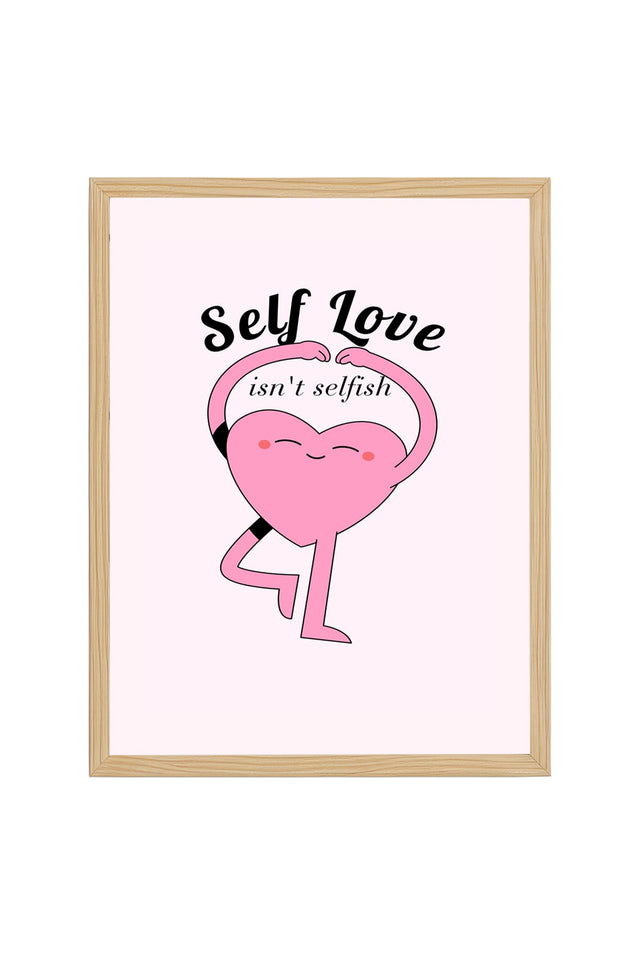 Doğal Ahşap Çerçeveli Self Love Kalp Tablo - Retro Pop Art Tasarım | huhu2748
