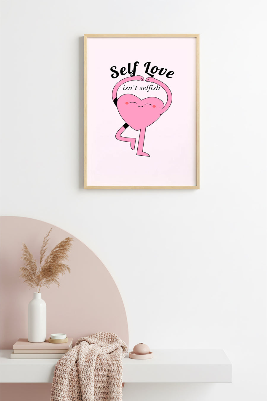 Doğal Ahşap Çerçeveli Self Love Kalp Tablo - Retro Pop Art Tasarım | huhu2748