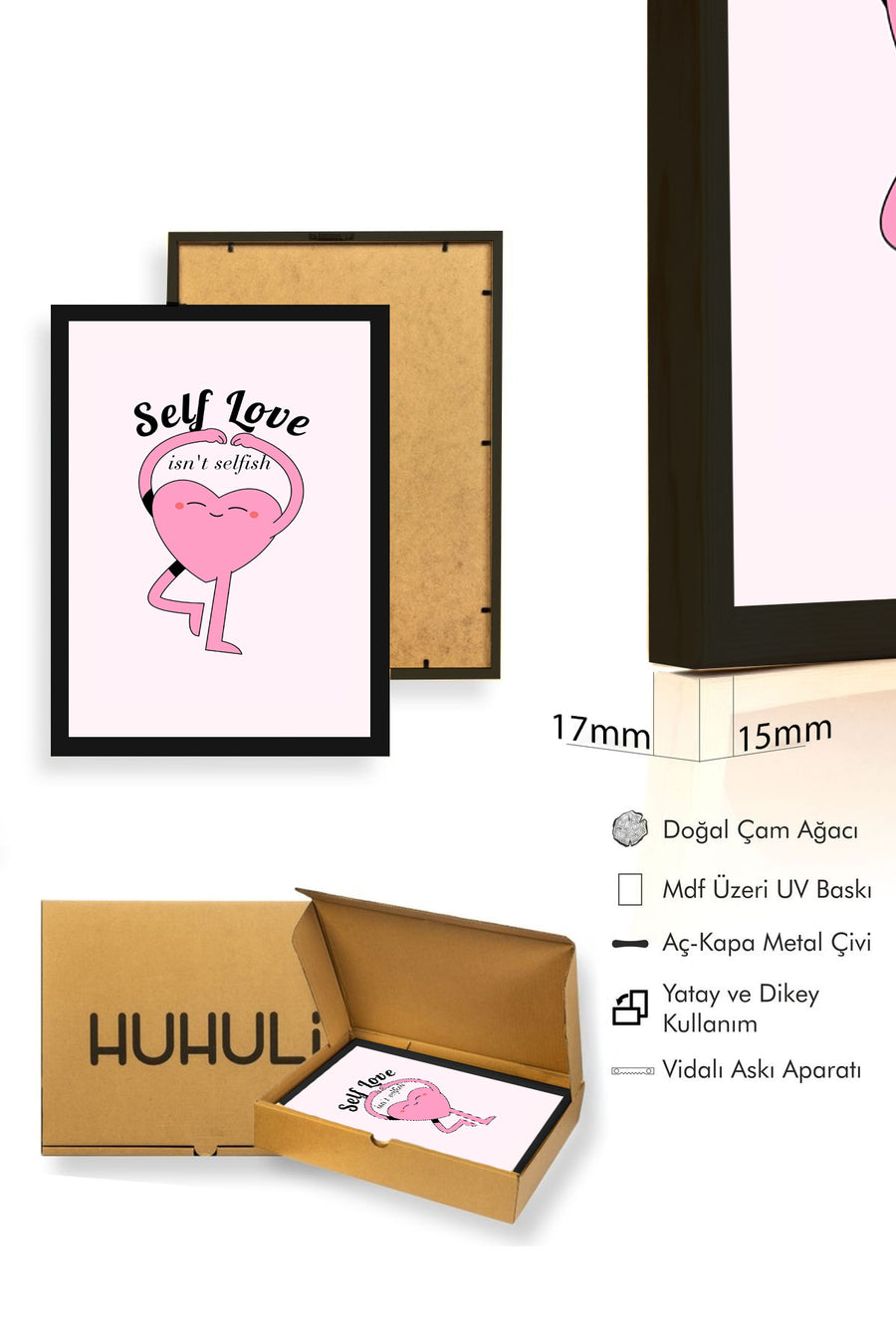 Doğal Ahşap Çerçeveli Self Love Kalp Tablo - Retro Pop Art Tasarım | huhu2748